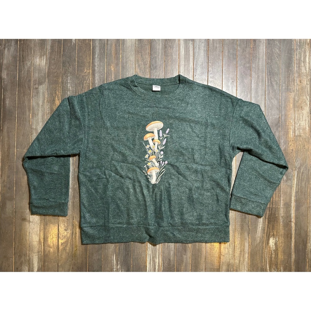 Womens Dark Green Mushroom Botanical Graphic Sweatshirt XXL Cottagecore Crewneck